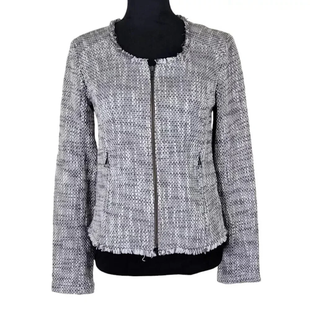 Joie Blazer Size S Gray White Tweed Zip Front Sleeve Fringe Trim Zipper Cuffs